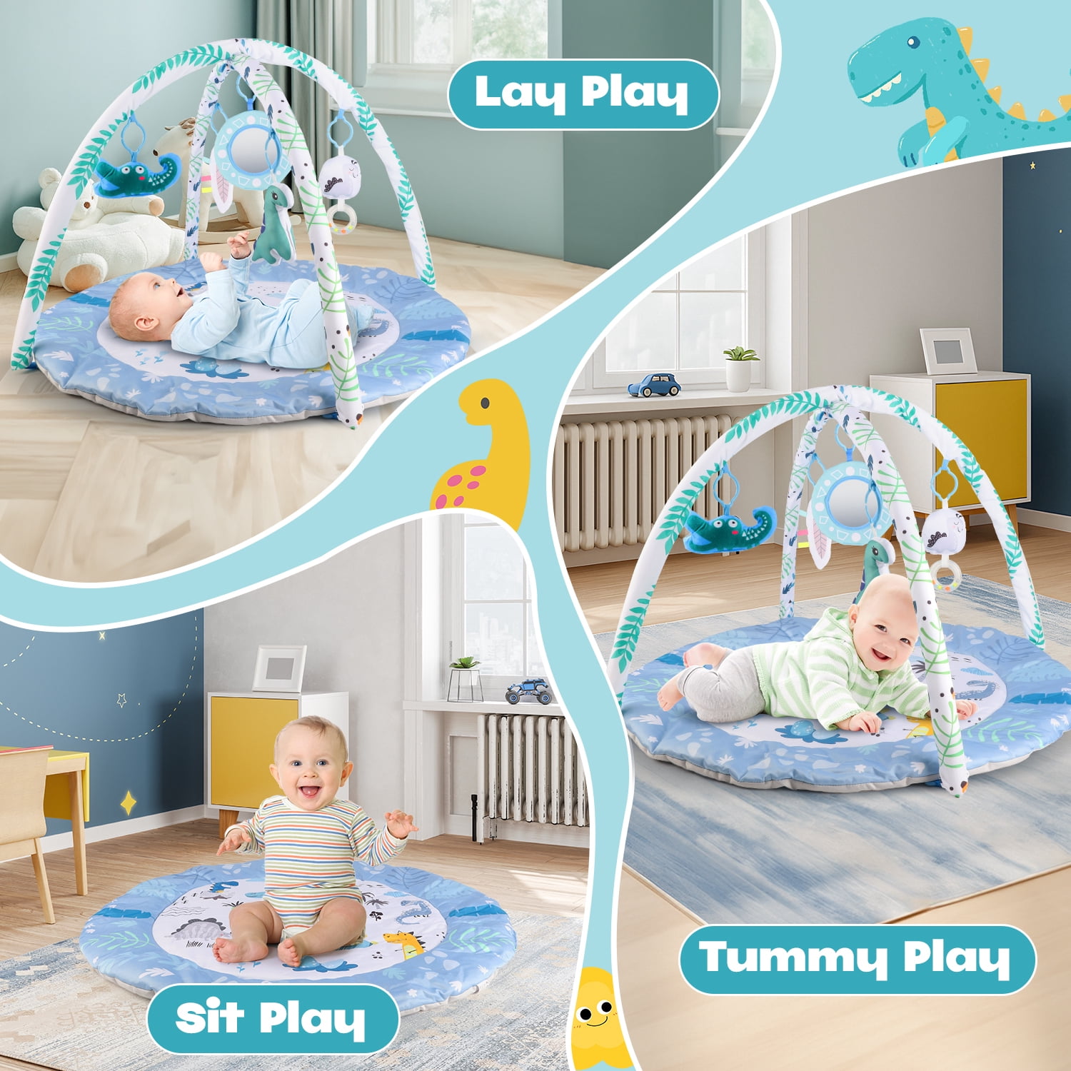 Freecat Dinosaur Baby Play Mat with Hanging Dinosaur Toys, 0-12 Months Baby Play Gym Activity Mat.