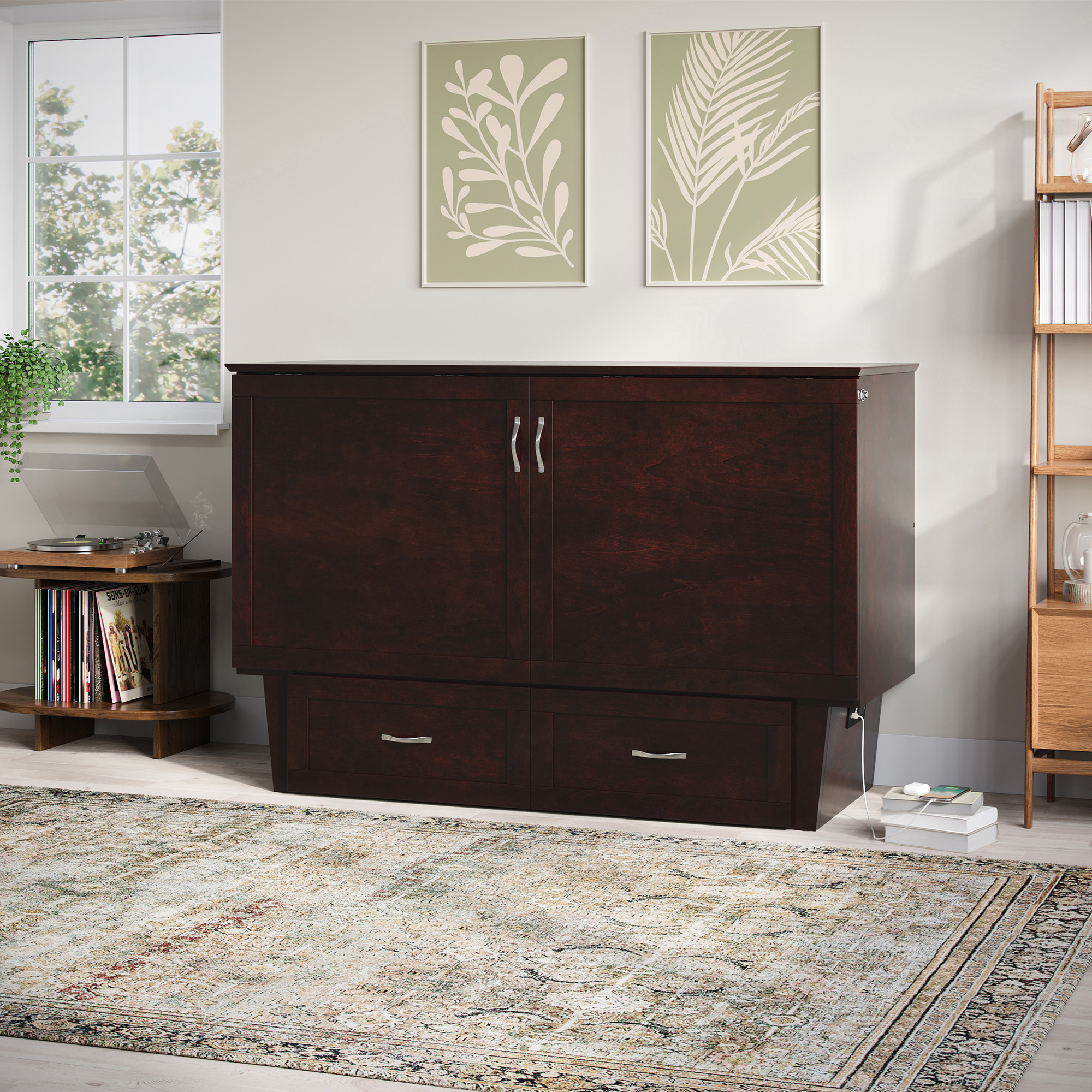 AFI Chelsea Queen Murphy Bed Chest with Mattress, Storage & Built-in Charging, Espresso
