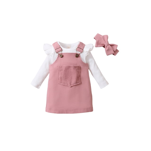 Gupgi 2 Pcs Ensembles pour Bébés Filles Doux à Manches Longues Col Rond Barboteuse Poche avant Jupe à Bretelles
