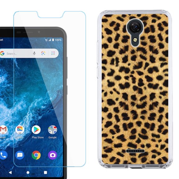 Slim-Fit Protective Phone Case compatible with Cricket Icon 2, with Tempered Glass Screen Protector, by OneToughShield ® - Cheetah Gold/Black