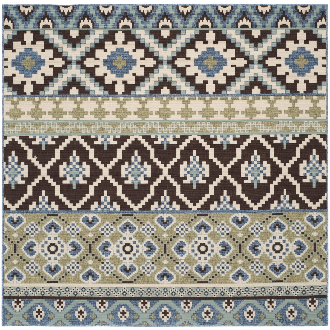 SAFAVIEH Veranda Dogon Geometric Indoor/Outdoor Area Rug, Chocolate/Blue, 5'3" x 5'3" Round
