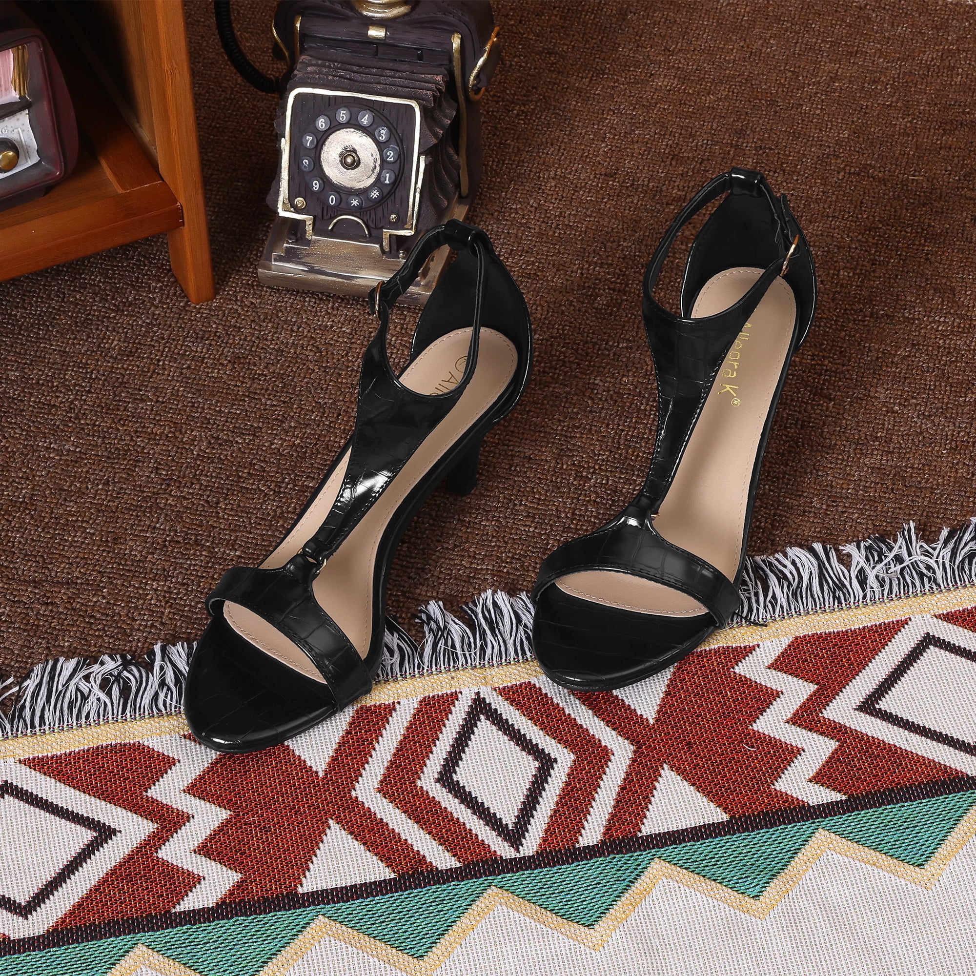 DARING DIVA Women's T Strap Embossed Kitten Heel Sandals Brown 9