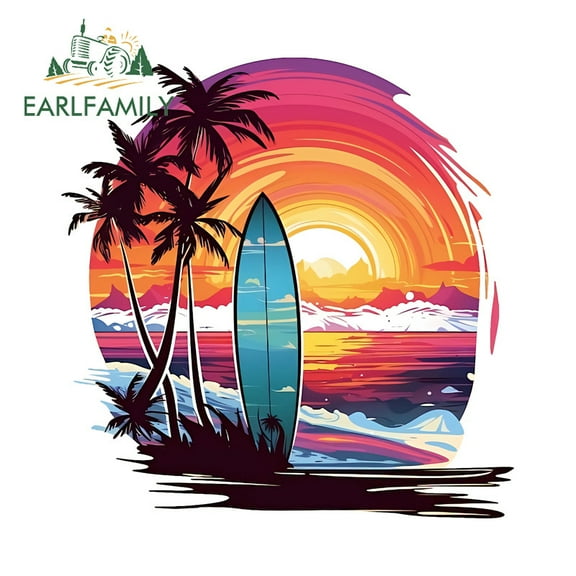 EARLFAMILY 5.1 Inch Beautiful Beach with Surfboard Car Sticker Motorcycle Windows Campervan Trunk Waterproof PVC Decal Occlusion Scratch Car Accessories