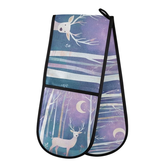 Yayeee Double Oven Mitt Kitchen Heat Resistant Baking 35" x7" Quilted Glove, Purple Night Deer