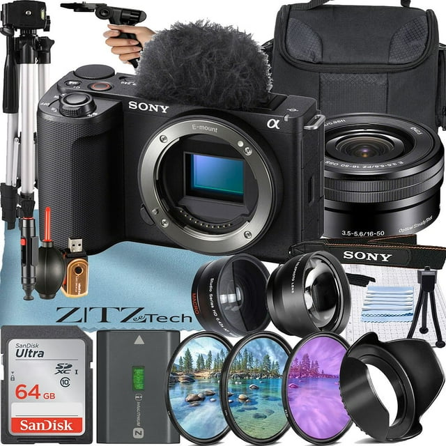 Sony ZV-E10 II Mirrorless Camera (Black) with 16-50mm Lens + SanDisk 64GB Card + Case + Wideangle + Telephoto + ZeeTech Accessory Bundle