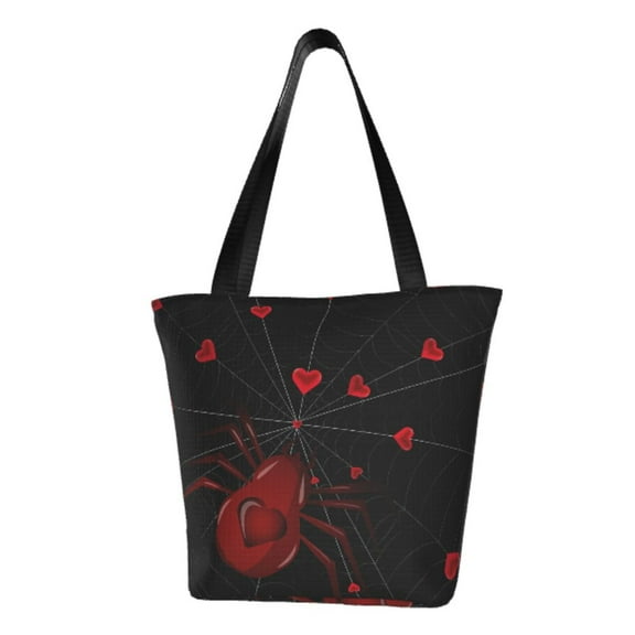 TEQUAN Reusable Shoulder Tote Bags, Red Hearts Spider Web Prints Polyester Casual Shopping Grocery Bag for Women