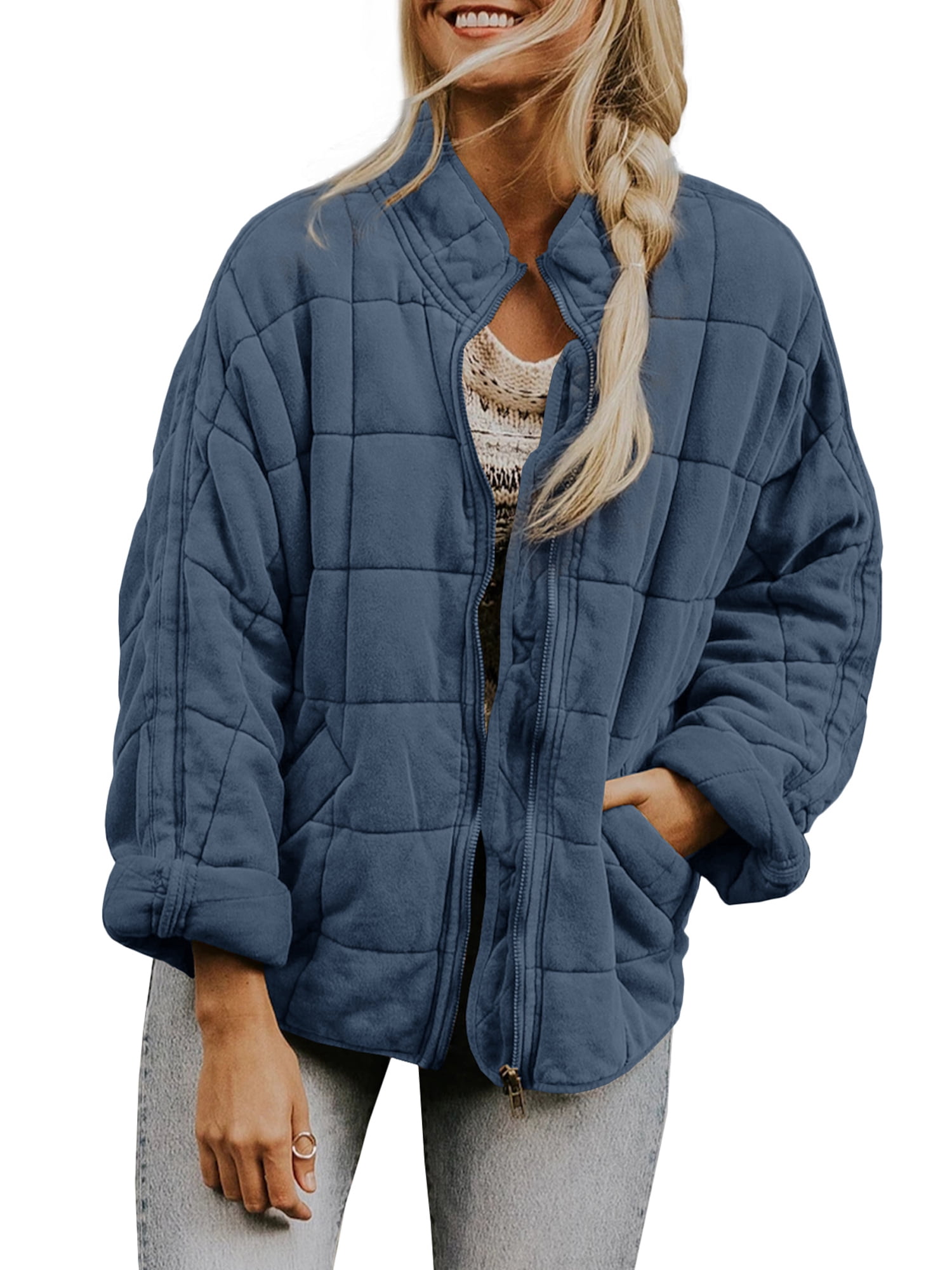 Womens Dolman Lightweight Quilted Jackets Zip Up Long Sleeve Solid Color Stand Neck Warm Winter Outwears 