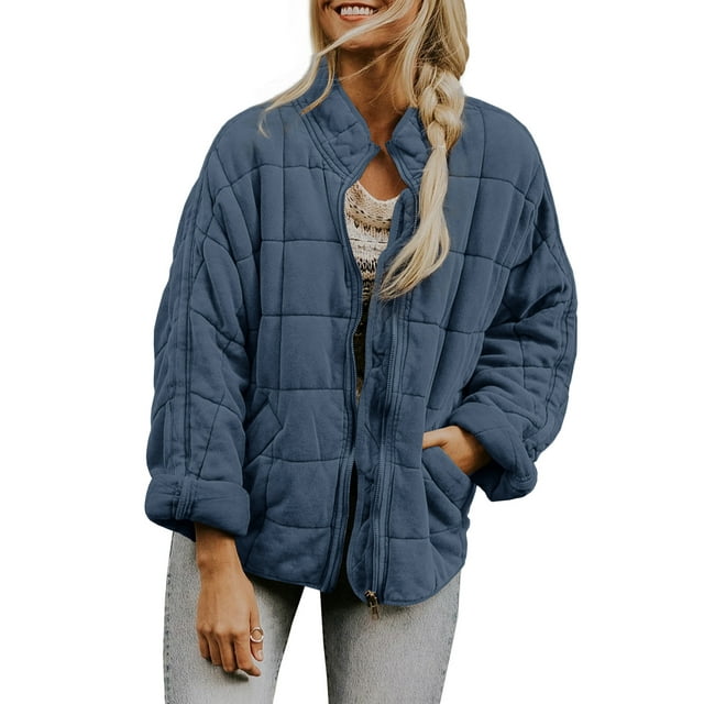 Kmbangi Women Stand Collar Long Sleeve Solid Color Full Zip Quilted Jackets