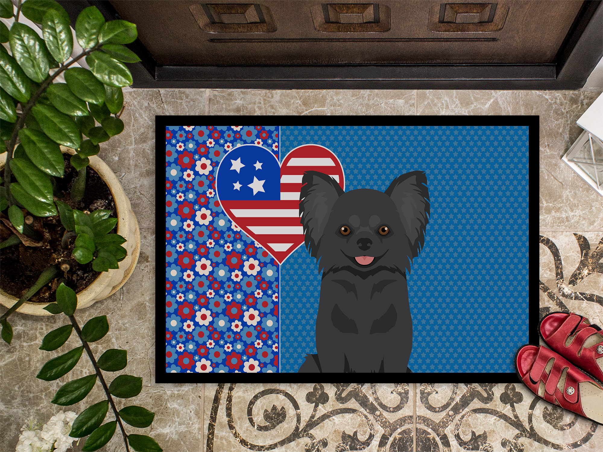 Longhaired Black Chihuahua Indoor or Outdoor Mat 24x36 36 in x 24 in