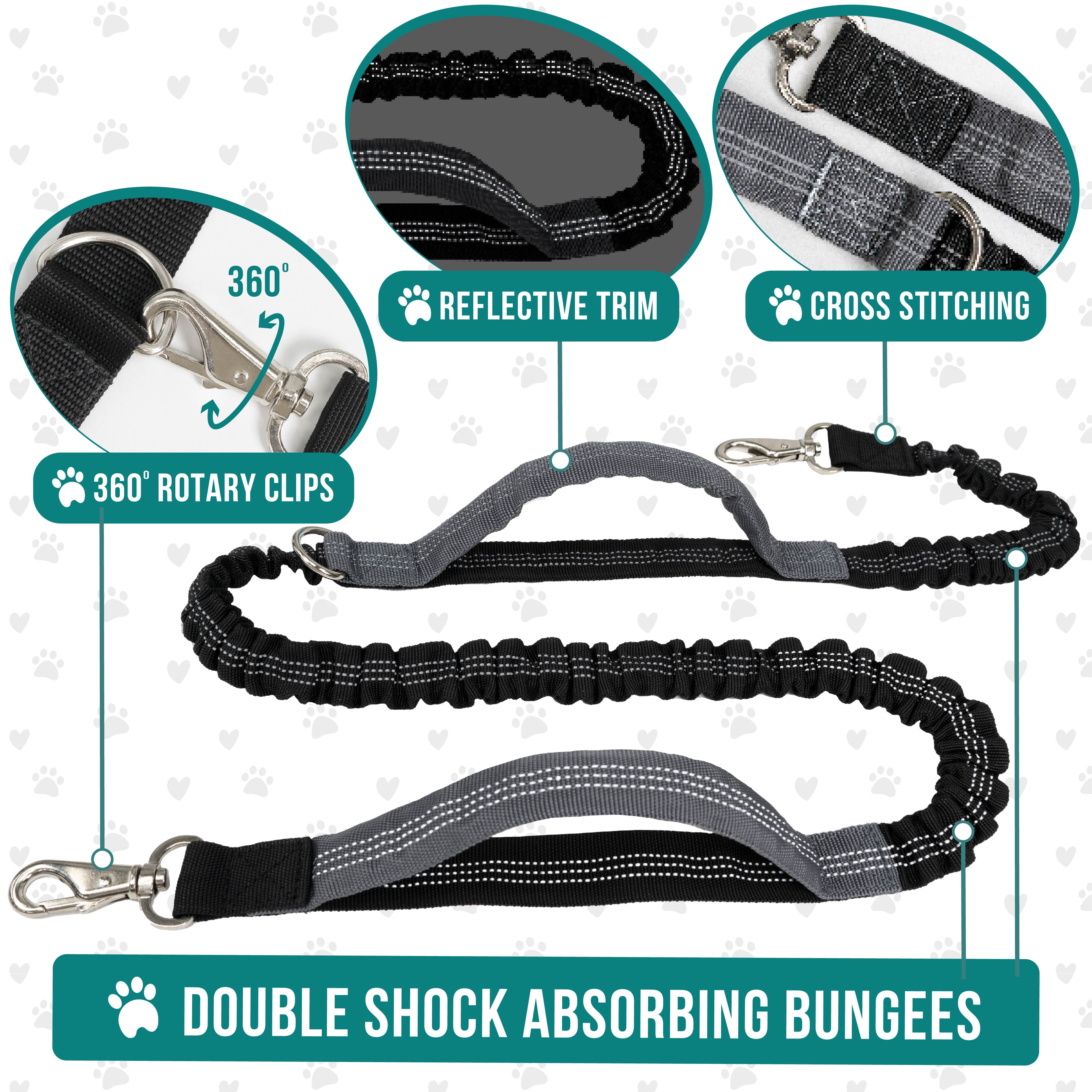 PetAmi Hands Free Dog Leash, Dog Running Leash Belt Bag for Walking, Jogging, Dog Waist Double Zipper Pouch with Poop Bag Dispenser, Dual Padded Handles Reflective Bungee Leash, Double (Charcoal Grey)