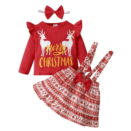 

KIMI BEAR Infant Baby Girls Dresses Outfits 18 Months Infant Girls Fall Winter Clothes 24 Months Girls Christmas Cartoon Print T-shirt Suspender Dress Headband 3PCs Set Red
