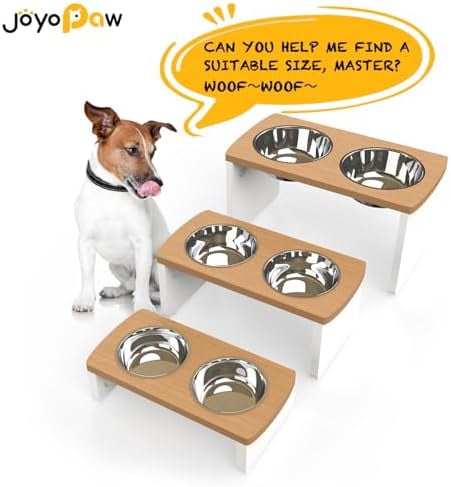 Elevated Dog Bowls, Waterproof Raised Dog Bowl for Medium & Large Dogs, HIPS Poly Lumber Stand with 2 Stainless Steel Bowls, Indoor & Outdoor Use (10'' Tall–48 oz Bowl, Teak-White)