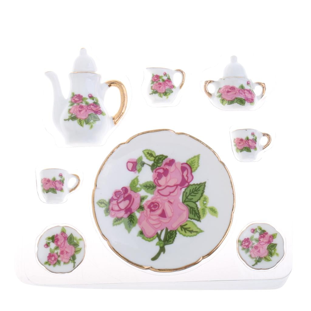 1/6 Rose Flower Printed Porcelain Tea Set Dollhouse Miniature Accessory 8pcs 