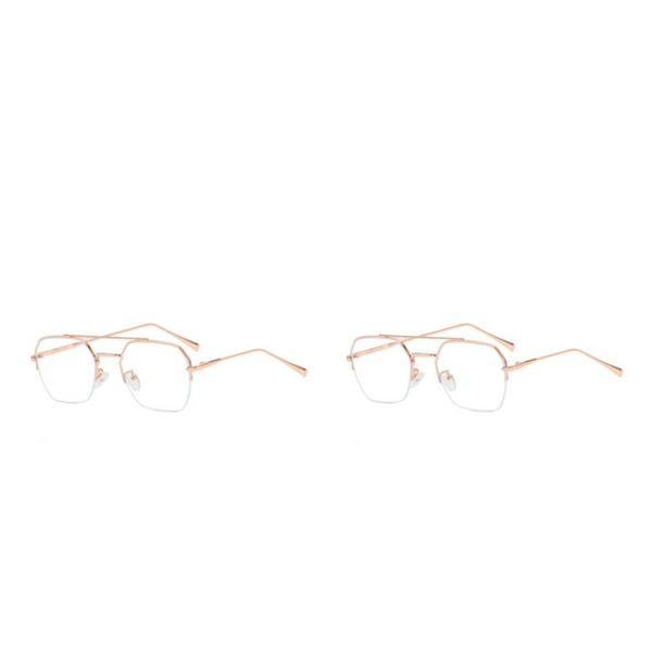Minnieouse Gafas de lectura de medio marco para hombre, lentes lisos, a la moda, de doble viga, para miopía, para interiores Oro rosa 2piezas