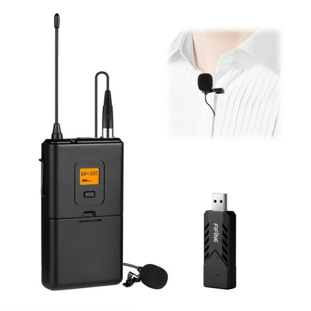 Fifine Wireless Microphone for PC & Mac, Lavalier Clip-on Unidirectional Condenser Microphone with USB Receiver for Interview, Recording &