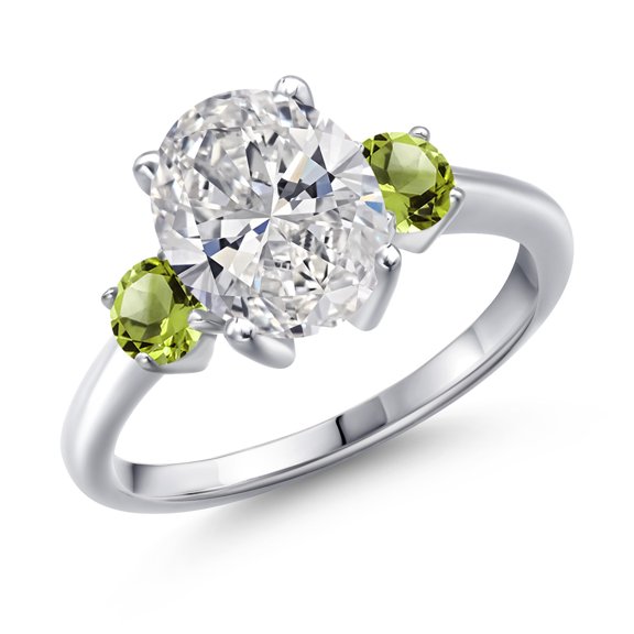 Gem Stone King 2.60 cttw IGI Certified Lab Grown Diamond and Green Peridot 3-Stone Engagement Ring for Women | 925 Sterling Silver | Center 2.00 Ct Diamond | E-F Color | VS1-VS2 Clarity | Size 9
