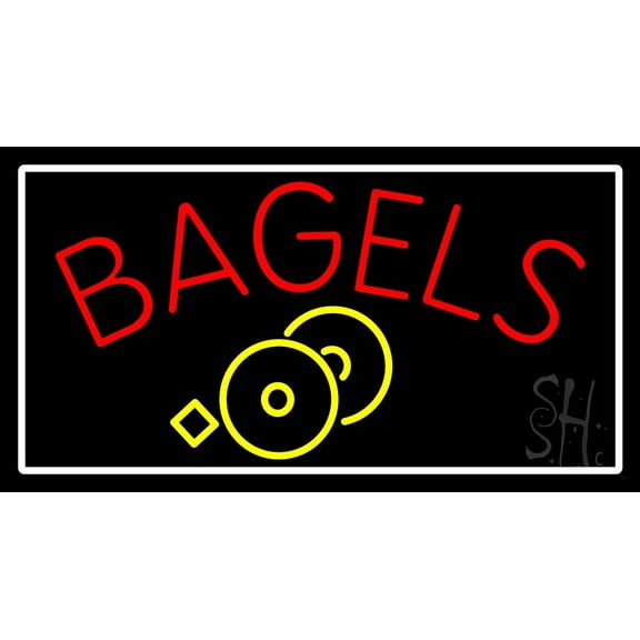 Red Bagels LED Neon Sign 13 x 24 - inches, Clear Edge Cut Acrylic Backing, with Dimmer - Bright and Premium built indoor LED Neon Sign for restaurant window and interior decor.