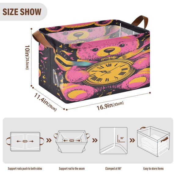 BZSMCE Collapsible Fabric Cube Storage Bins Bear Hug Clock Design Pattern Storage Box
