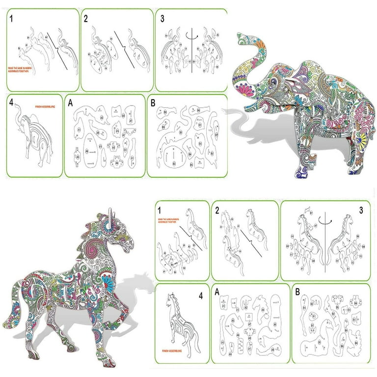 3d Coloring Puzzle Set, 4 Animals Painting Puzzles With 12 Pen Markers,  Creativity Diy Gift For Boys Girls Age 8-12 Years Old Kids