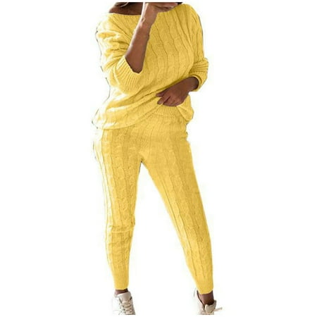

Dadaria 2 Piece Outfits for Women Pants Sets Solid Color Off Shoulder Long Sleeve Cable Knitted Warm Two Piece Long Pants Sweater Suit Set Yellow XXXL Female