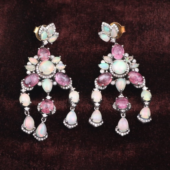 Natural Opal Tourmaline,Diamond Gemstone 925 Sterling Silver Earrings