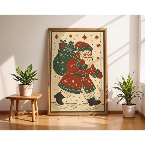 YaHaku Retro Santa Claus Christmas Wall Art, Vintage Holiday Print, Folk Scandinavian Santa