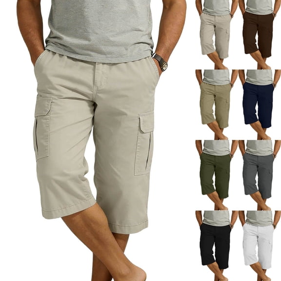 Eltusu Men's Cargo Pants, Elastic Waistband Casual Solid Color Below the Knee Capris Pants Beige Size L