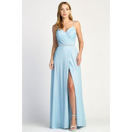 Women's Adora Design 3036 Off Shoulder Metallic A-line Pocket Prom 2026 Gown Sky Blue Size XL