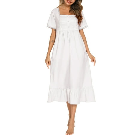 

Youweixiong Women s Lace Trim Nightdress Short Sleeve Ruffled Hem Nightgown Sleepwear Pajama
