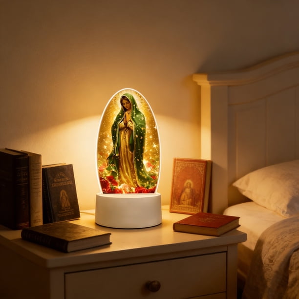 Lámpara nocturna de Nuestra Señora de Guadalupe – Decoración religiosa LED, cálido resplandor dorado, alimentación USB, estatua de mesa de 7,9 pulgadas para dormitorio, altar, regalo espiritual