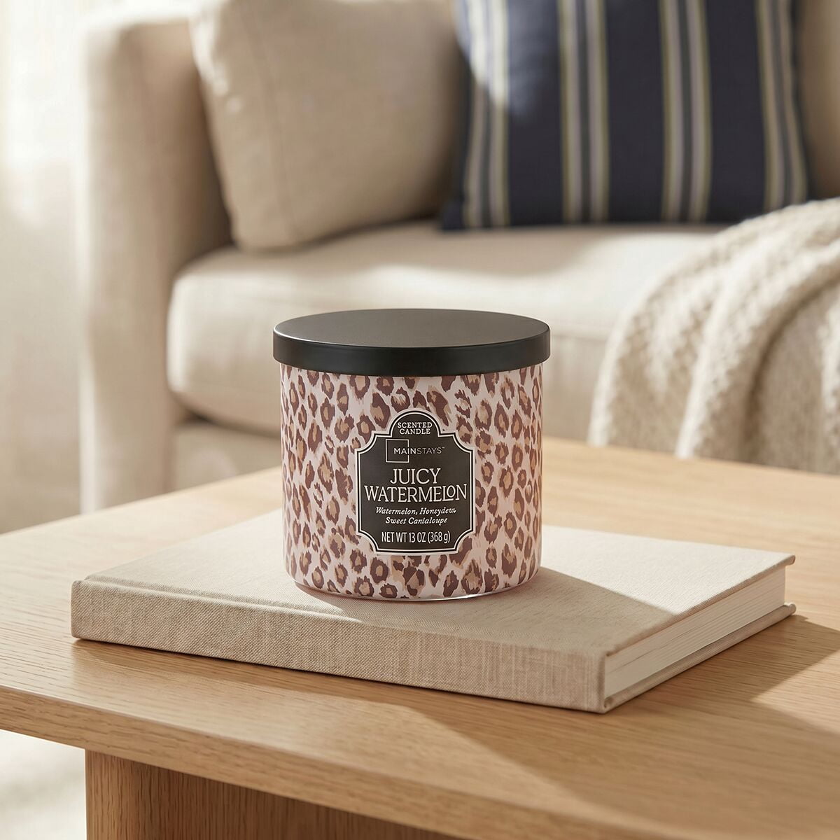 Mainstays 3-Wick Glass Jar Candle with Decorative Wrap, Juicy Watermelon, 13 oz