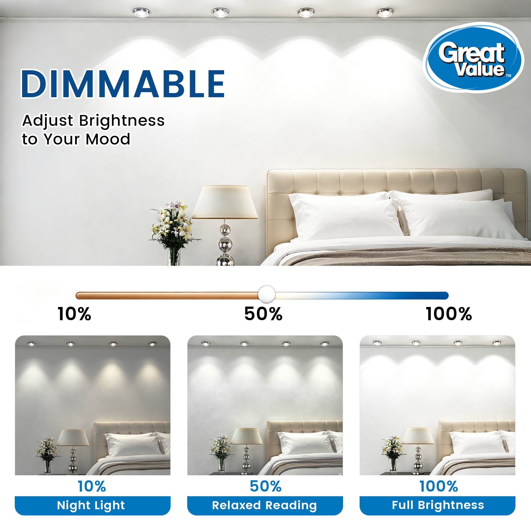 Great Value LED MR16 Indoor Spot Light Bulb, 6-Watts (50W Equiv) 5ACT, Dimmable GU5.3 Base (3 Pack)