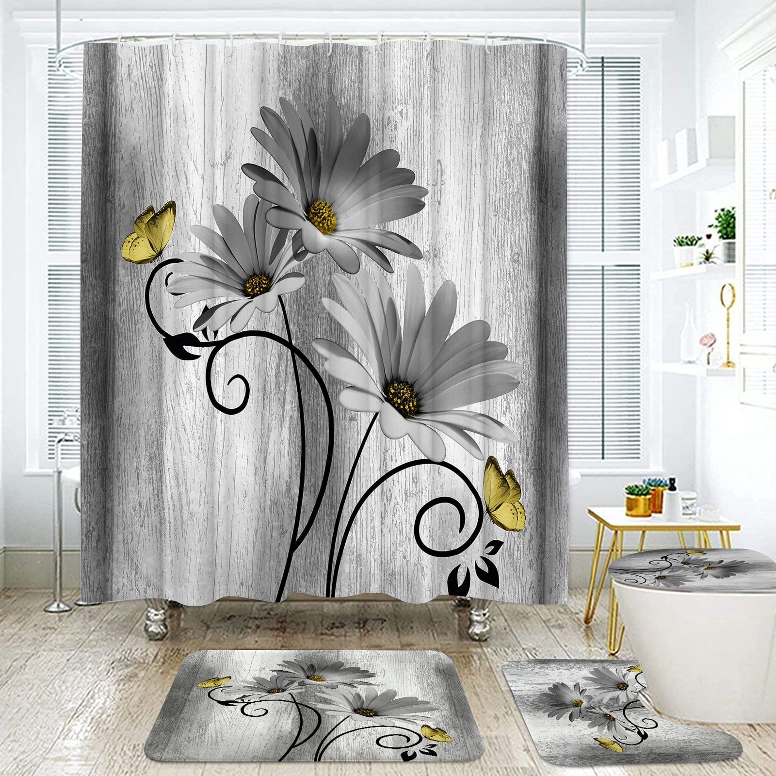 Hadint 4Pcs Gray Daisy Floral and Butterfly Shower Curtain Set, Shower Curtain and Rug Set, 12 Pcs Hooks, 71inx71in