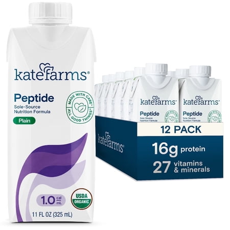 Kate Farms Organic Vegan Peptide 1.0 Adult Nutrition Shake, Plain, 11 fl oz (12 Pack)