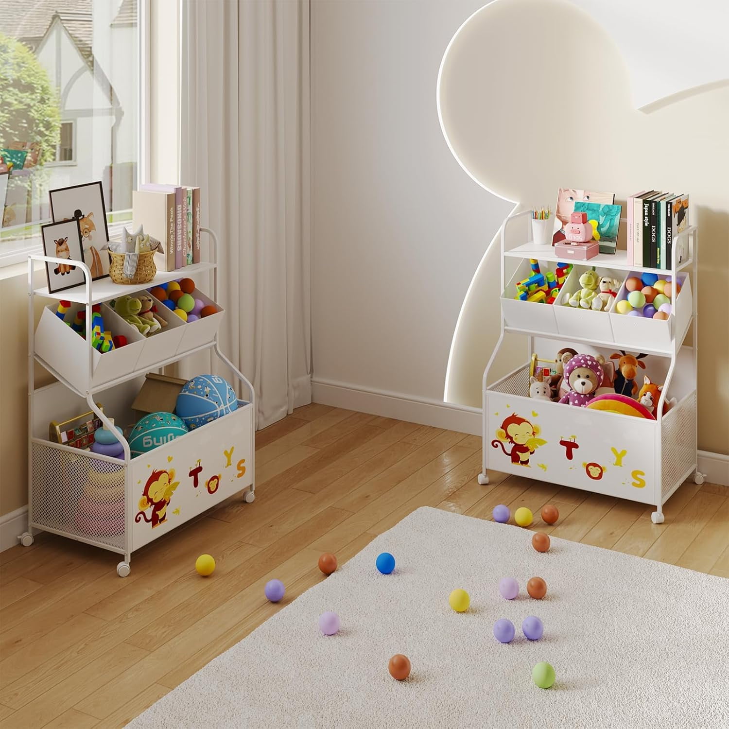 Toy Storage Organizer with Wheels - 3-Tier Kids Large Toy Box, Toy Chest Storage for Boys Girls Toddlers, Kids Bookshelf with 3 Fabric Toy Boxes for Playroom, White