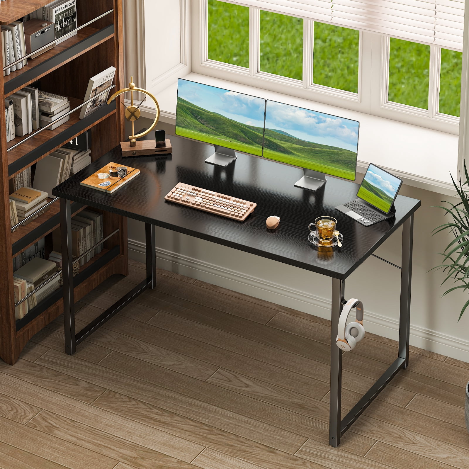 AODK 48 Inch Computer Desk, Home Office Writing Desk for Small Space, Modern Study Desk with Headphone Hook, Black