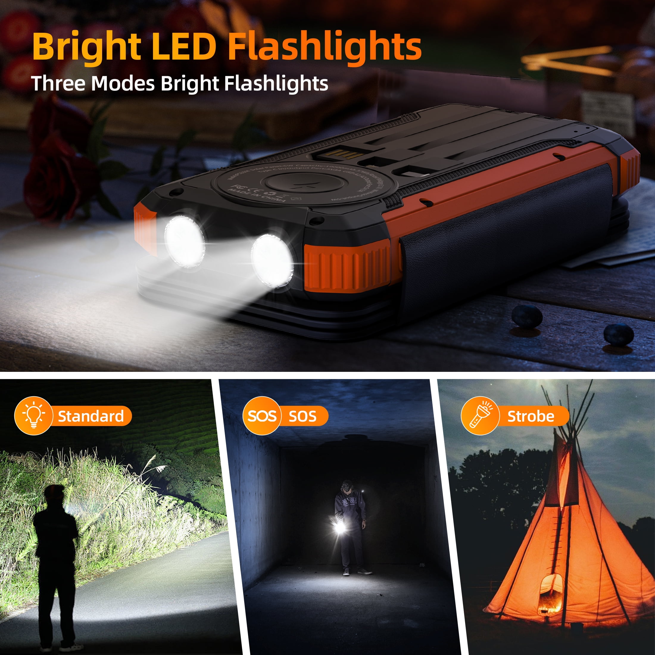 SOLPOWBEN 20000mAh Solar Power Bank With 4 Solar Panels,Portable Charger with Built-in 3 Cables and 22.5W Fast Charging,Phone Charger Compatible with iPhone/Android-Camping/Travel Essentials(Orange)