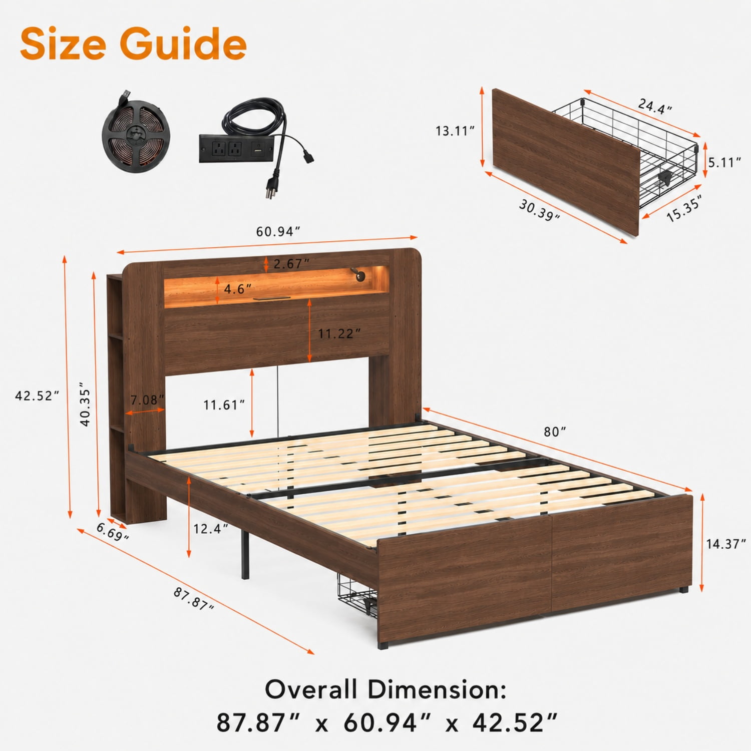 Miniyam Queen Farmhouse Bed with Storage Headboard, LED Lights and Charging Station, Platform Bed Frame with 2 Drawers, Brown