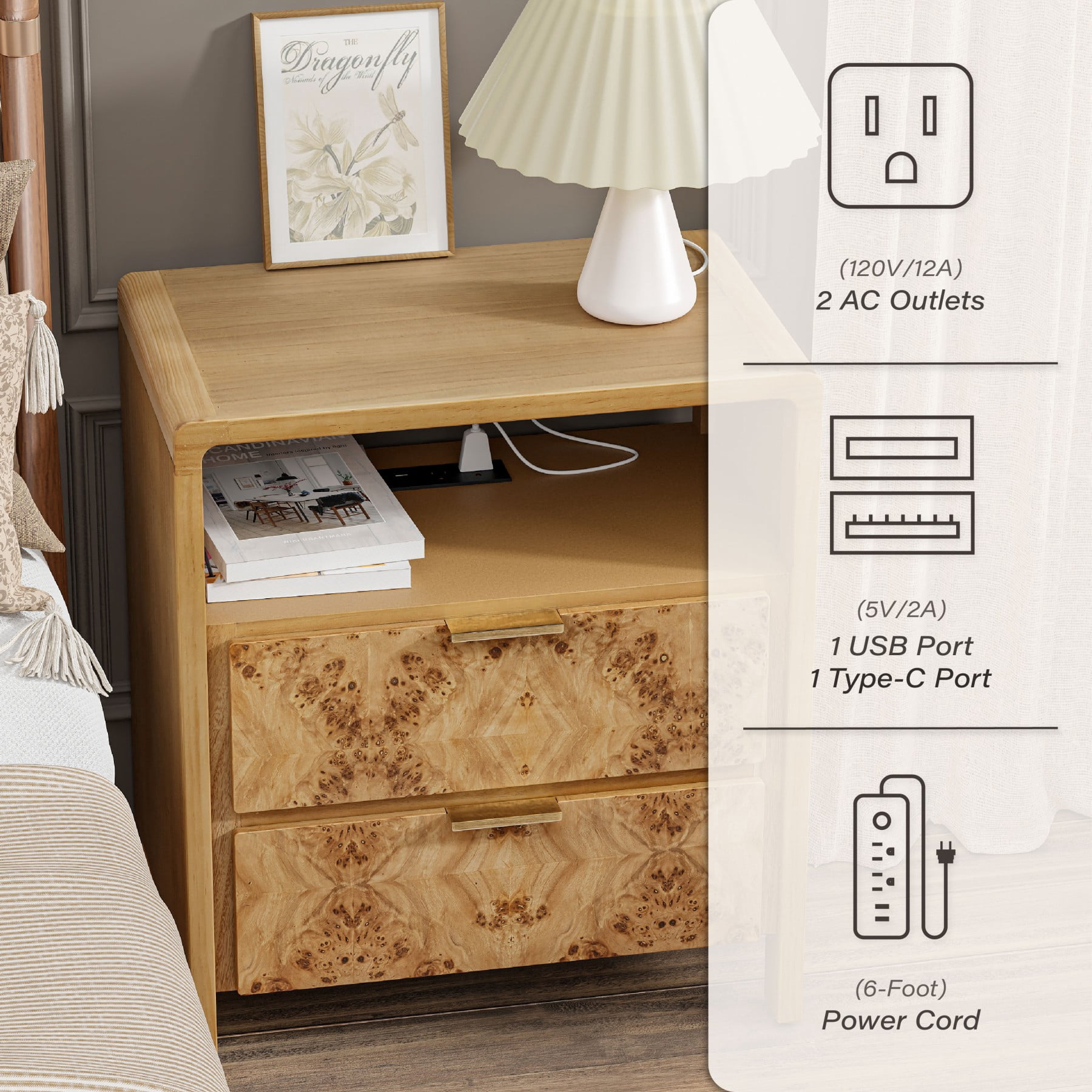 COZAYH Farmhouse Nightstand with Charging Station, Side Table with Power Outlet and USB & Type C Ports, Wood Bedside Table for Bedroom, Fully Assembled, Rustic, Brown
