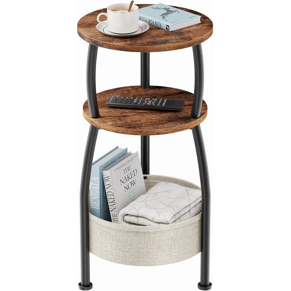 Round Side Table for Small Spaces with Storage Basket –Small End Table 3-Tier Night Stand Sofa Corner Table for Living Room, Bedroom, Patio and More 24in Tall Rustic Brown