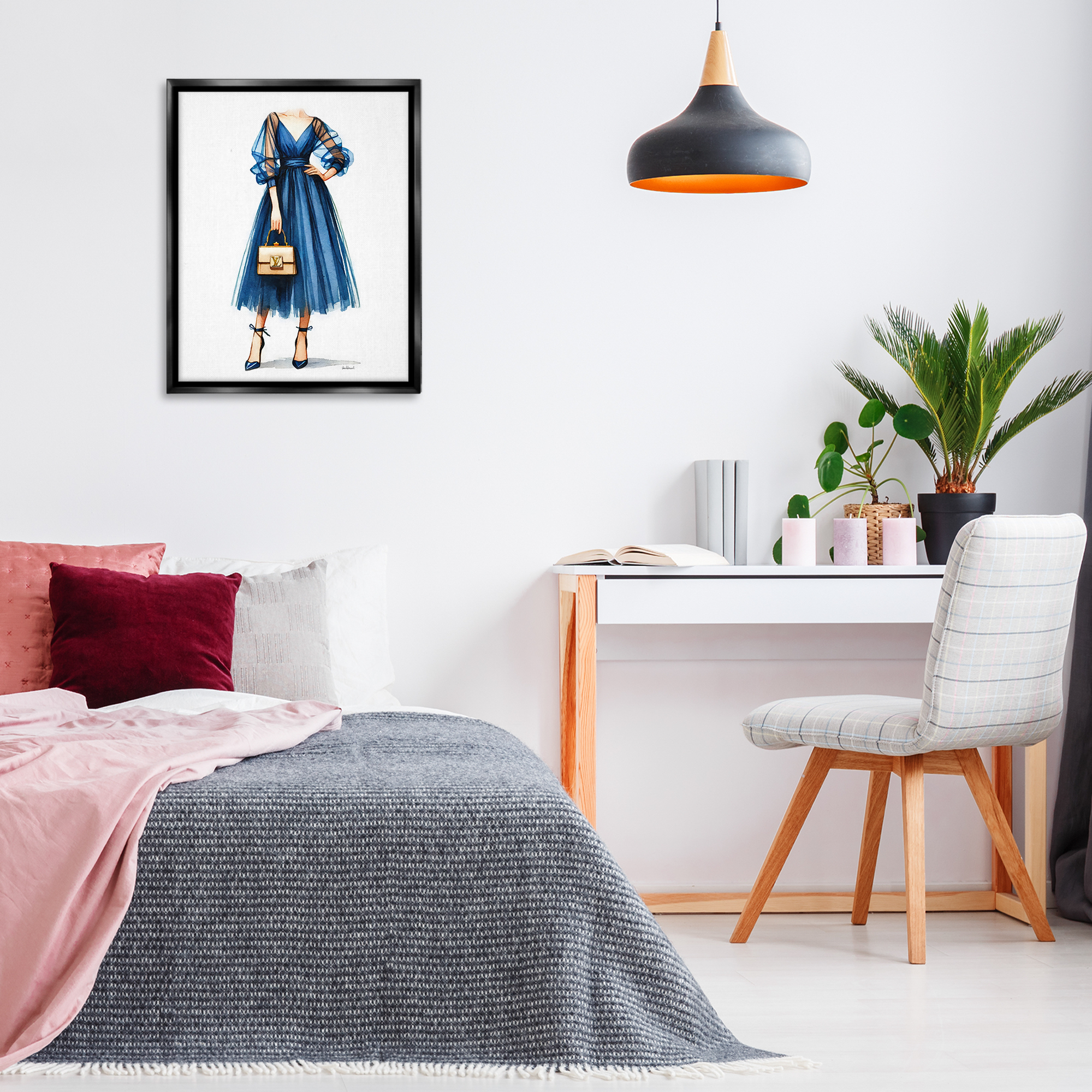 Stupell Industries Blue Gown Fashion Girl Fashion Painting Black Floater Framed Canvas Art Print Wall Art, 25 x 31