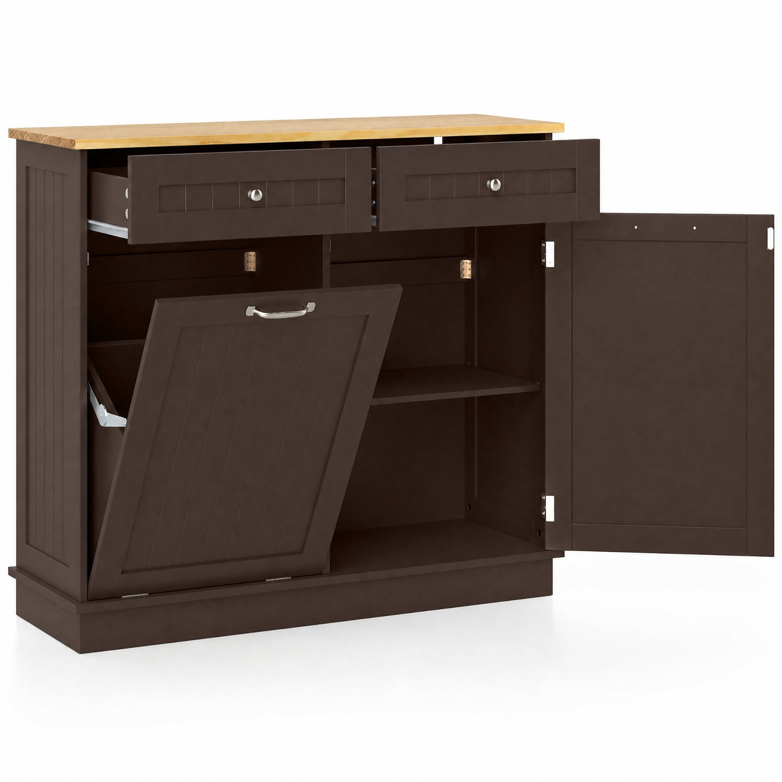 Furnibear Kitchen Tilt Out Trash Cabinet with 2 Drawers Wood Top and Adjustable Shelf Hidden Storage for Kitchen and Dining Room, Rustic Brown