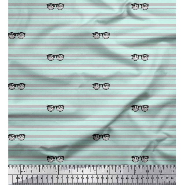 Soimoi Green Poly Georgette Fabric Text & Goggles Stripe Fabric Prints By Yard 42 Inch Wide