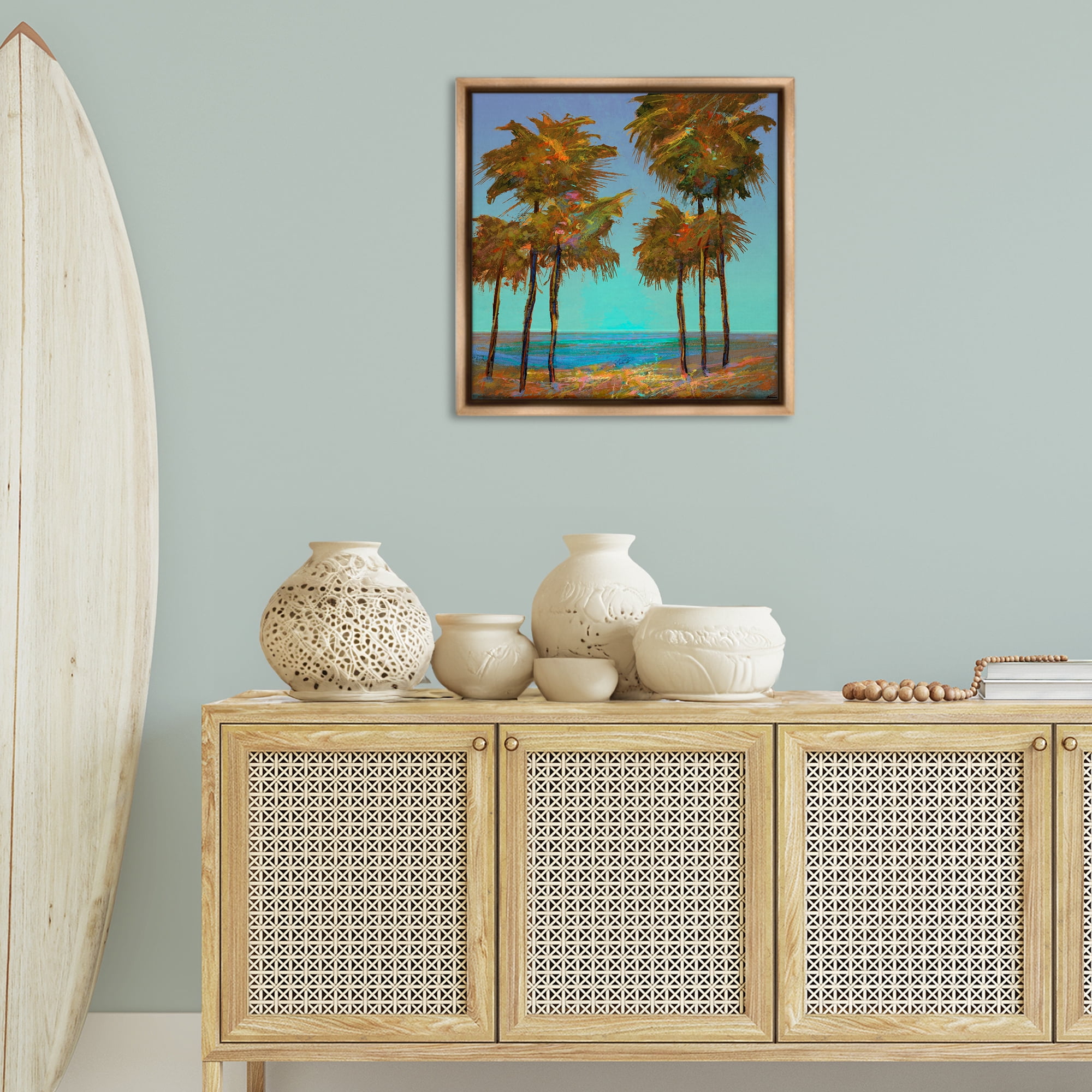 Stupell Industries Looming Green Palms Landscape Painting Brown Floater Framed Canvas Art Print Wall Art, 25 x 25