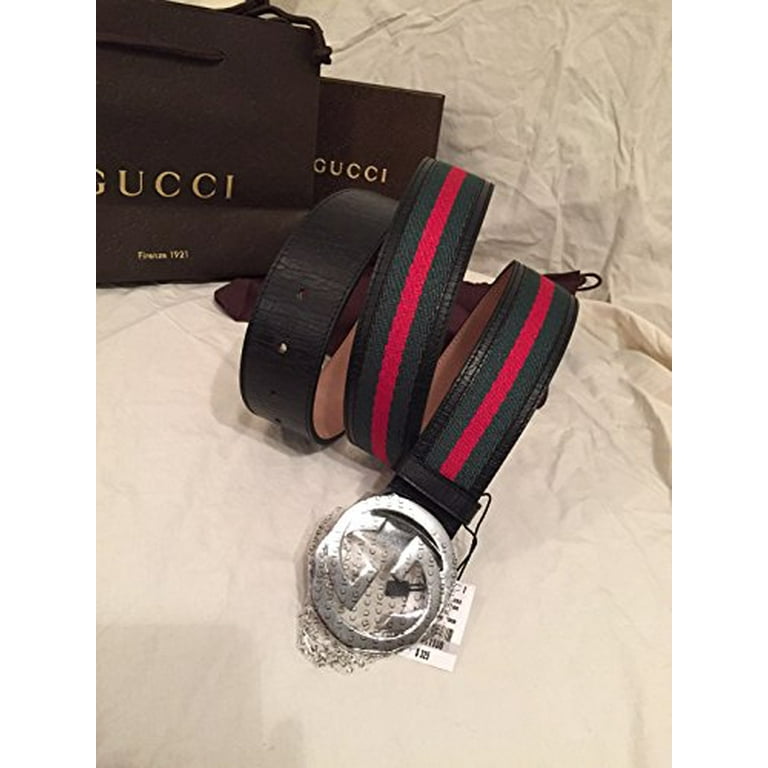 100% Authentic GG Silver Buckle Gucci Black leather belt Green/Red/Green