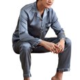 thumbnail image 2 of zeranth 1 Set Men Sleepwear Solid Color Long Sleeved Single Breasted Home Wear Ice Silk Loose Plus Size Pajamas Set for Home, 2 of 7