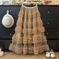 thumbnail image 4 of Arlun Lace Layered Skirt for High Waist Flared A Line Loose Fit Elegant Party Casual Wear Lightweight Cozy Mesh Ruffles Tiered Flowy Maxi Tutu Skirts Khaki One Size, 4 of 5
