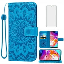 Asuwish Compatible with Samsung Galaxy A70 Wallet Phone Case and Tempered Glass Screen Protector Flip Credit Card Holder Stand Mandala Flower Cell Cover for A70S A 70 70A S70 Women Men Blue