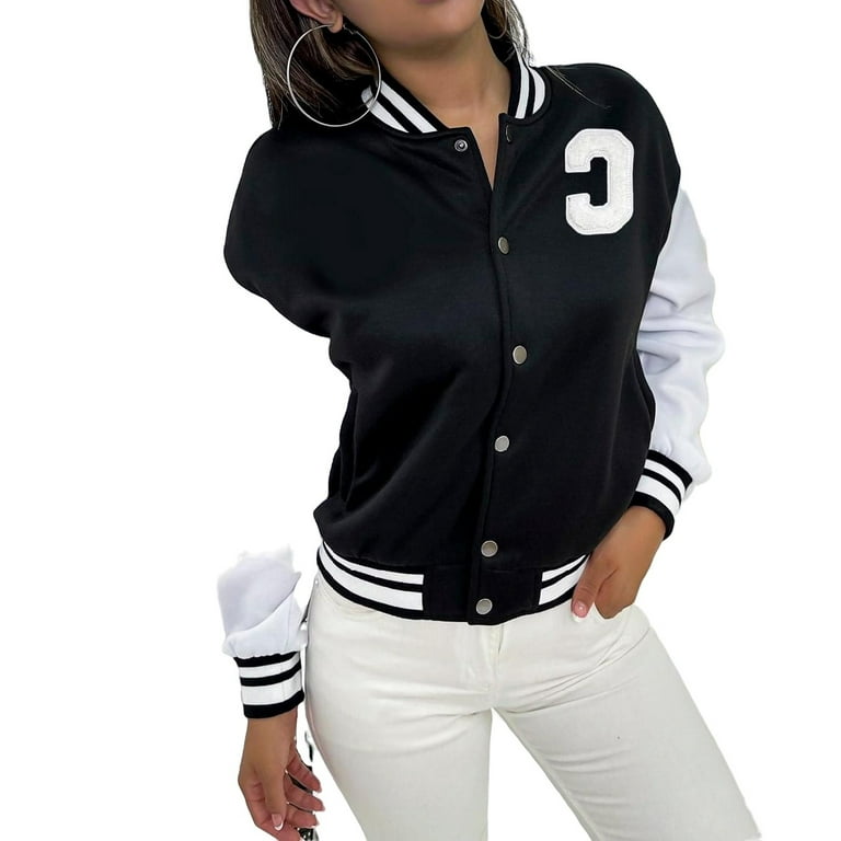 Women's Plus Size Casual Letter Baseball Collar Varsity Long Sleeve Jacket