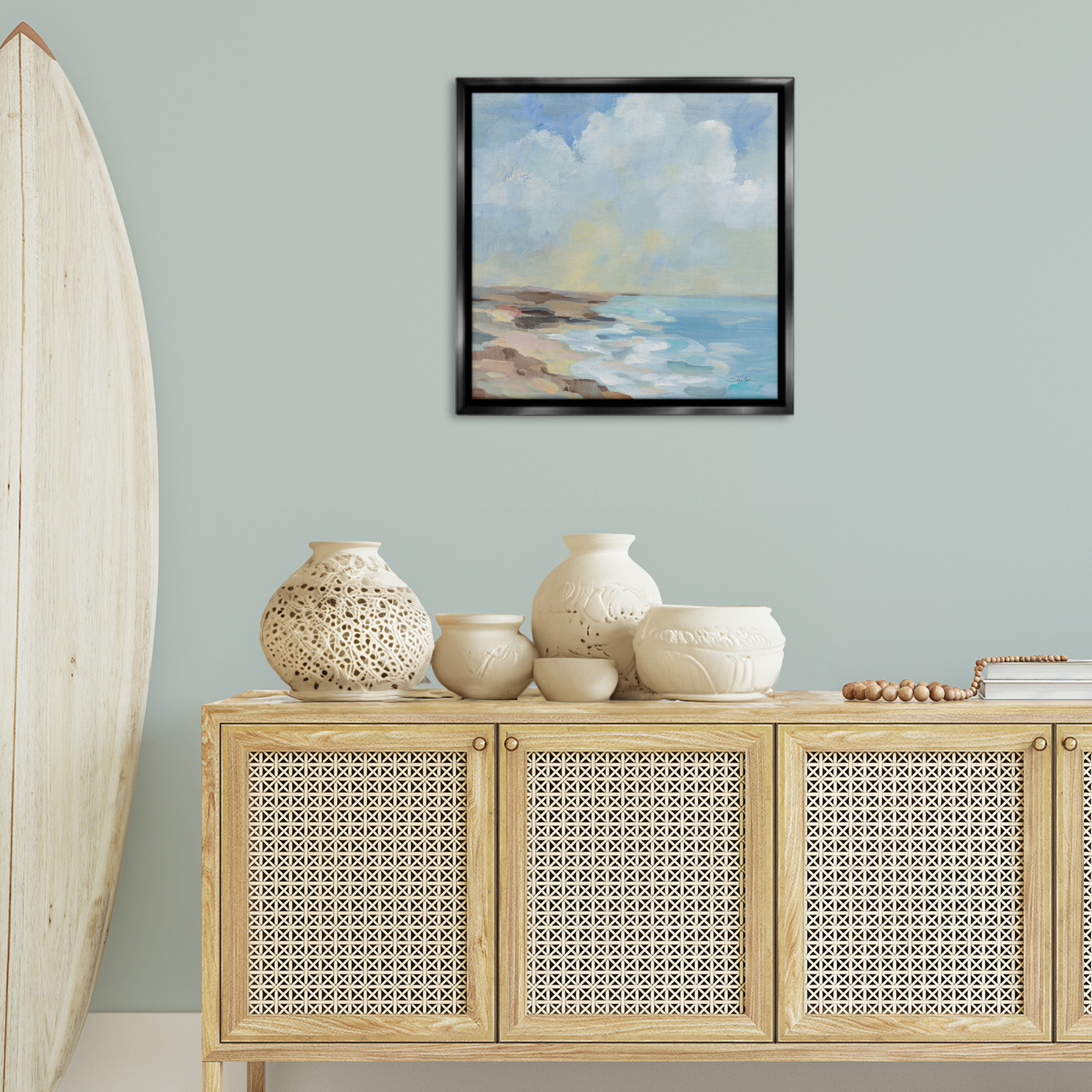 Stupell Industries By The Beach Shore Landscape & Nature Painting Black Floater Framed Canvas Art Print Wall Art, 25 x 25